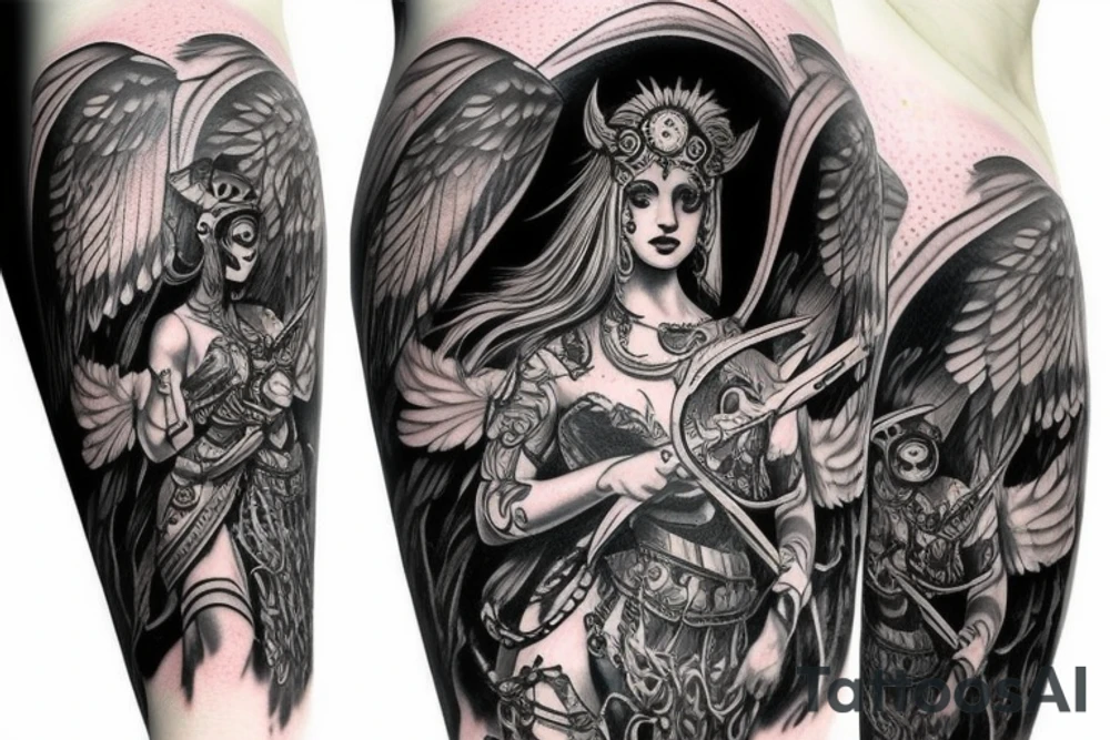 Fantasy Athena goddess tattoo with owl helmet, fade to black text tattoo idea