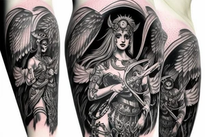 Fantasy Athena goddess tattoo with owl helmet, fade to black text tattoo idea