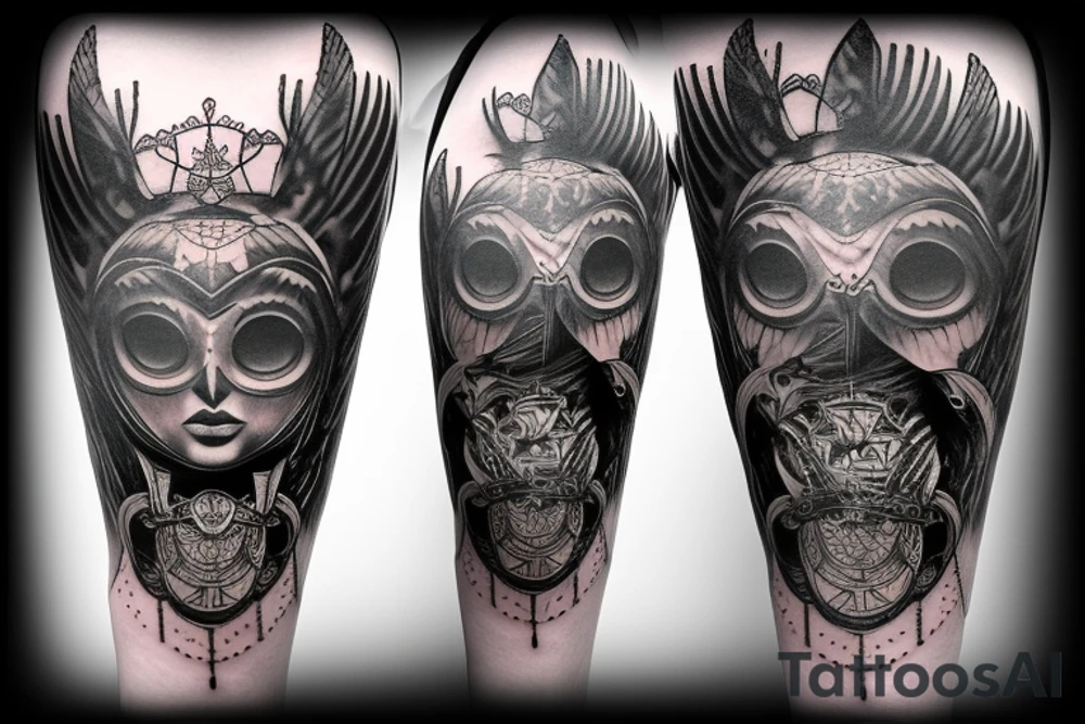 Fantasy Athena goddess tattoo with owl helmet, fade to black text tattoo idea