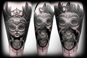 Fantasy Athena goddess tattoo with owl helmet, fade to black text tattoo idea