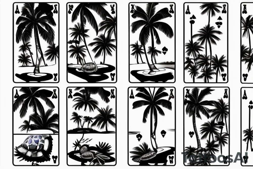 a beach with a turtle and palm tree in the sand, sunrise, and playing cards tattoo idea