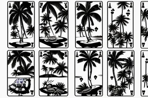 a beach with a turtle and palm tree in the sand, sunrise, and playing cards tattoo idea