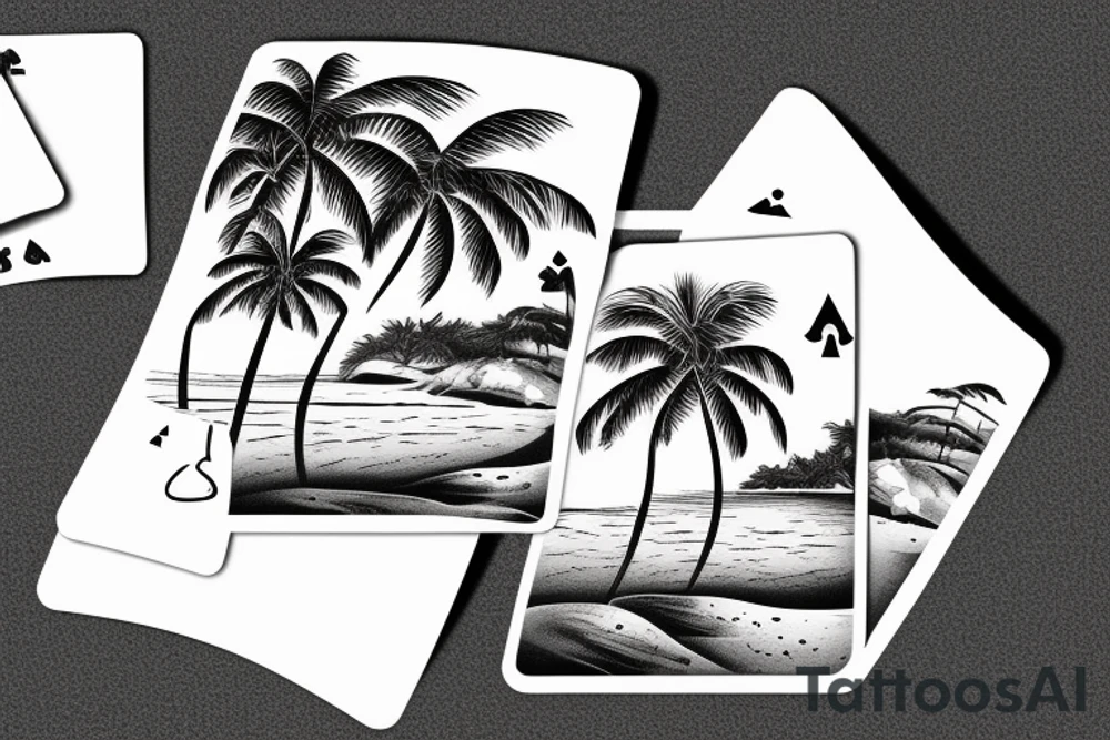 a beach with a turtle and palm tree in the sand, sunrise, and playing cards tattoo idea