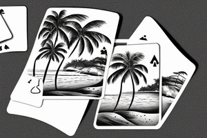 a beach with a turtle and palm tree in the sand, sunrise, and playing cards tattoo idea