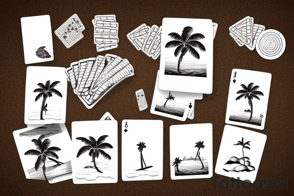 a beach with a turtle and palm tree in the sand, sunrise, and playing cards tattoo idea