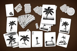 a beach with a turtle and palm tree in the sand, sunrise, and playing cards tattoo idea