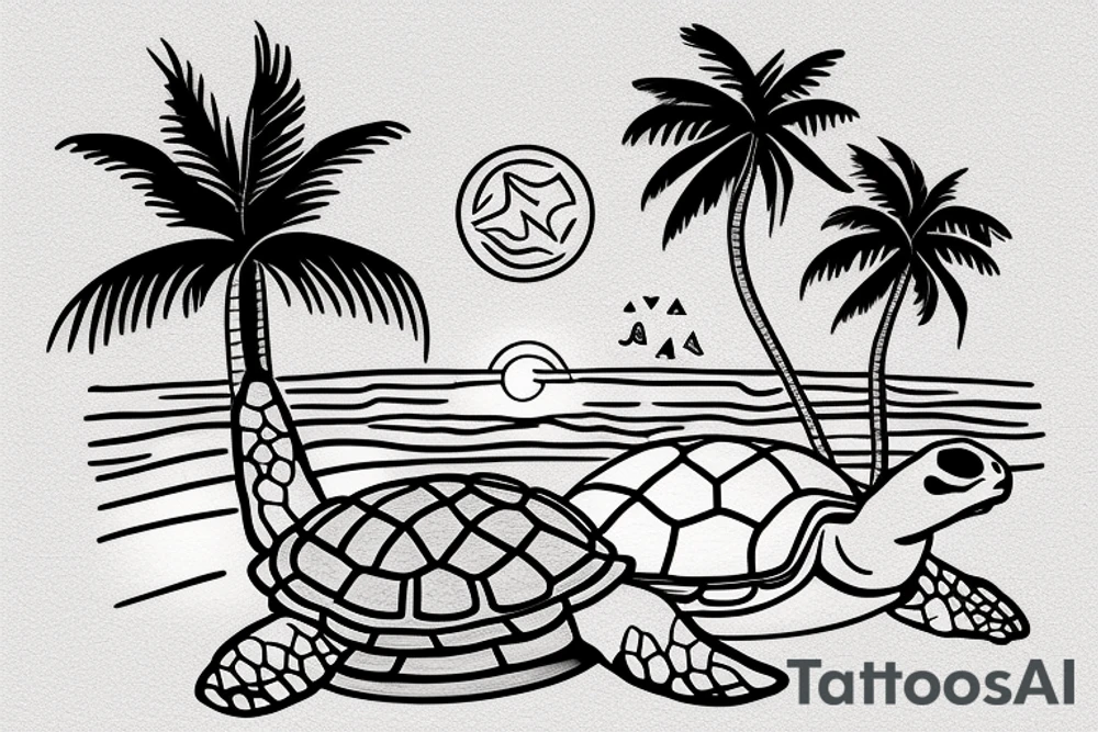 a beach with a turtle and palm tree in the sand, sunrise, and playing cards tattoo idea