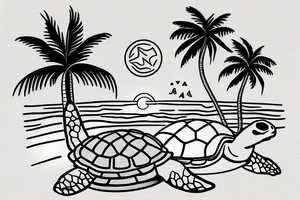 a beach with a turtle and palm tree in the sand, sunrise, and playing cards tattoo idea