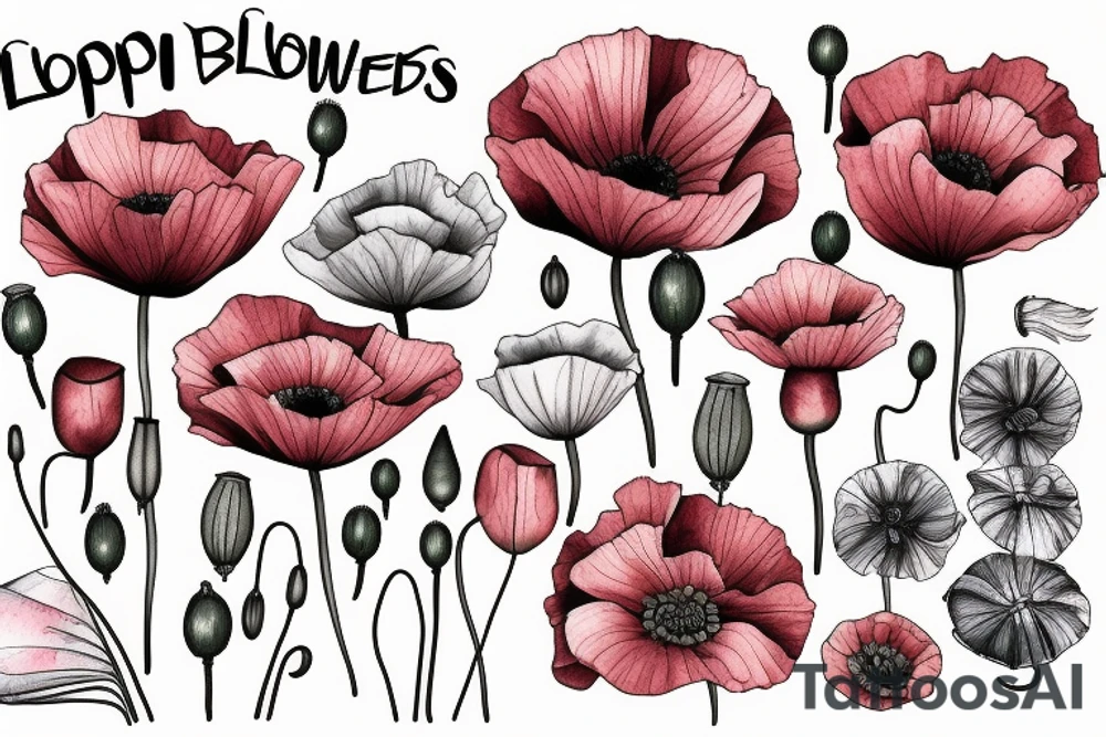 Fine line poppy flowers blowing in the wind tattoo idea