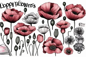 Fine line poppy flowers blowing in the wind tattoo idea