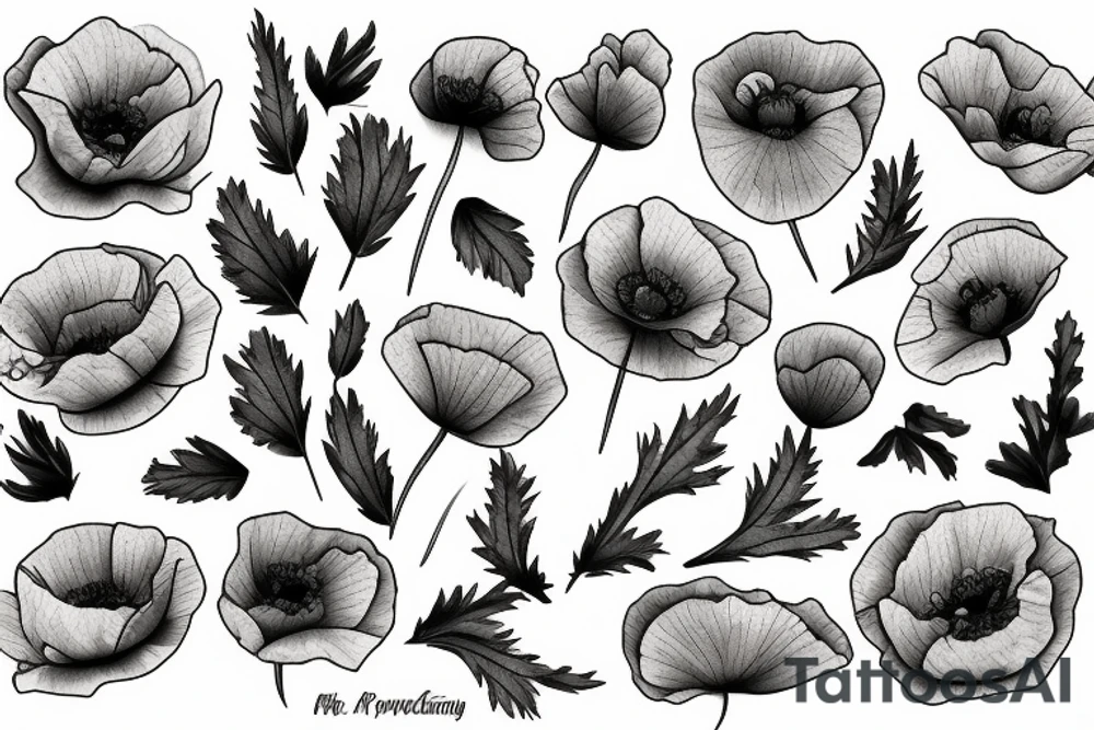 Fine line poppy flowers blowing in the wind tattoo idea