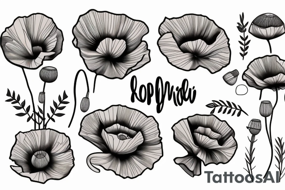 Fine line poppy flowers blowing in the wind tattoo idea