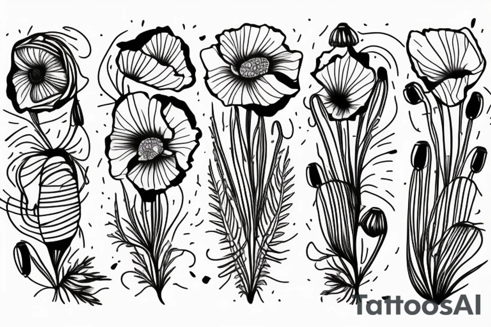 Fine line poppy flowers blowing in the wind tattoo idea