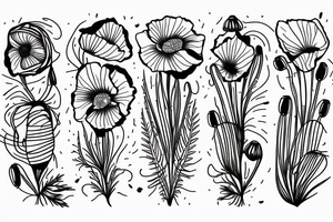 Fine line poppy flowers blowing in the wind tattoo idea