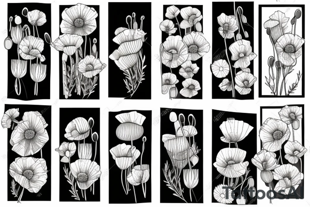 Fine line poppy flowers blowing in the wind tattoo idea