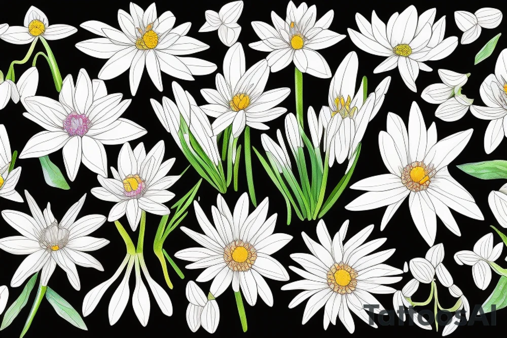 Aster flower, snowdrop flower, and chrysanthemum flower intertwined. tattoo idea