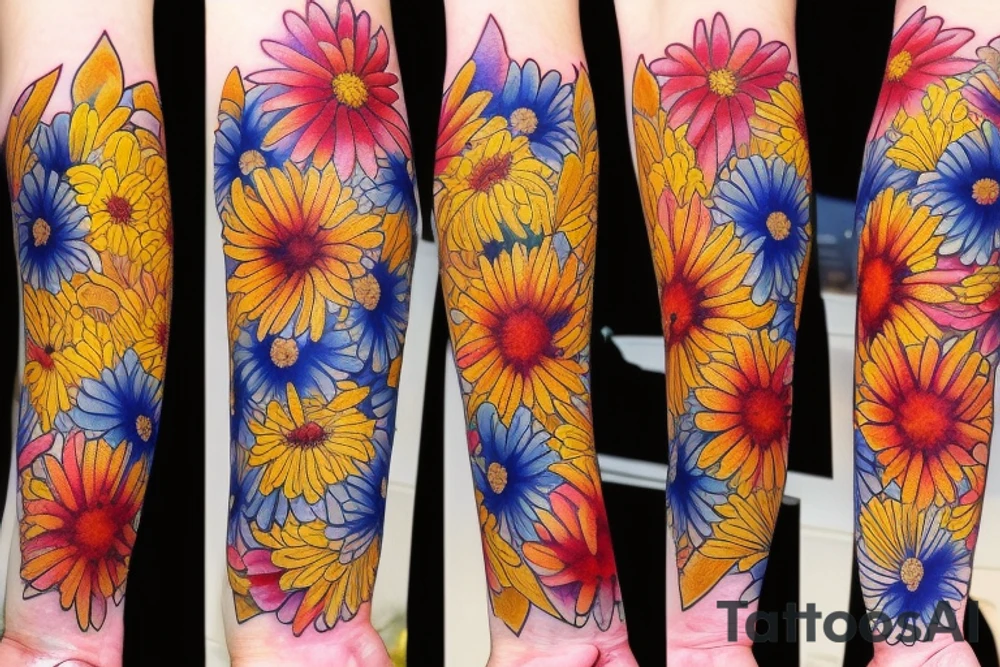 Yellow Aster flower, red carnation flower, and blue chrysanthemum flower intertwined on inside of forearm. tattoo idea