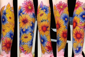 Yellow Aster flower, red carnation flower, and blue chrysanthemum flower intertwined on inside of forearm. tattoo idea