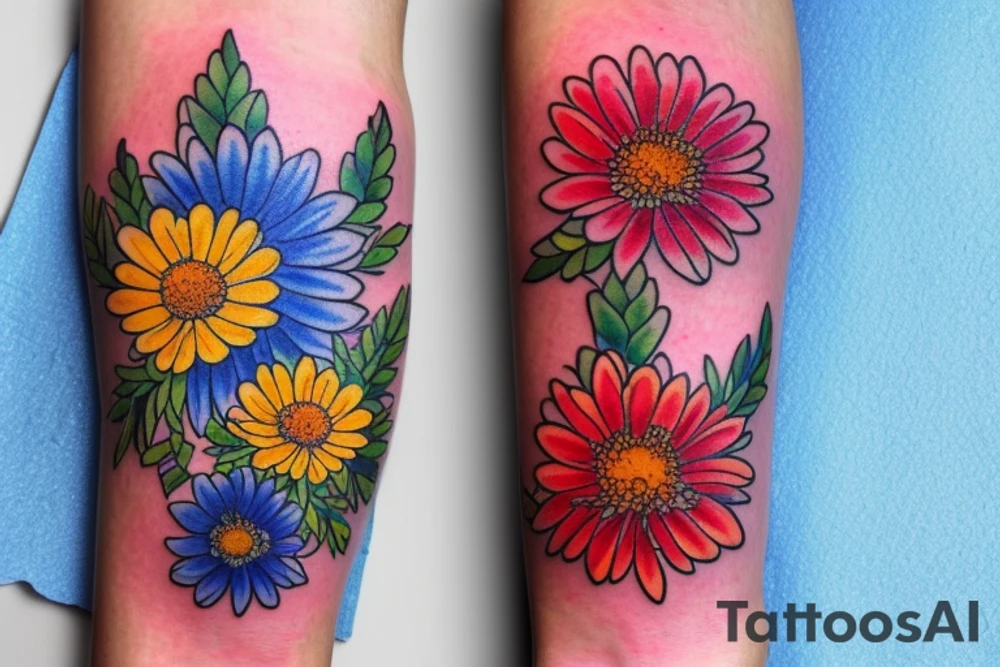 Yellow Aster flower, red carnation flower, and blue chrysanthemum flower intertwined on inside of forearm. tattoo idea