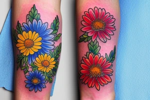 Yellow Aster flower, red carnation flower, and blue chrysanthemum flower intertwined on inside of forearm. tattoo idea