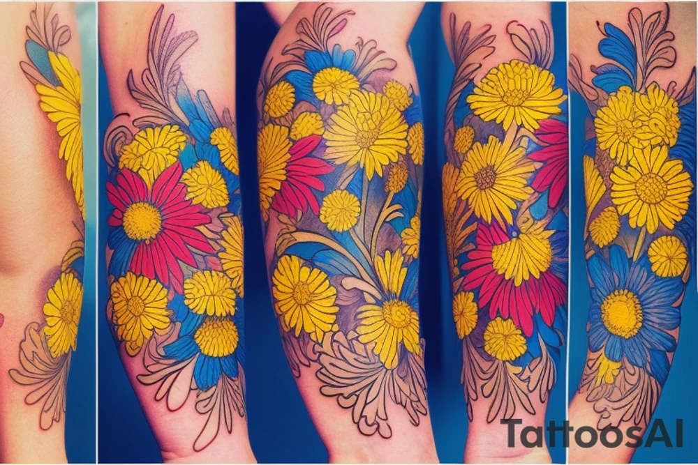 Small Yellow Aster flower, red carnation flower, and blue chrysanthemum flower intertwined on inside of forearm. tattoo idea