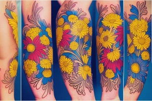 Small Yellow Aster flower, red carnation flower, and blue chrysanthemum flower intertwined on inside of forearm. tattoo idea