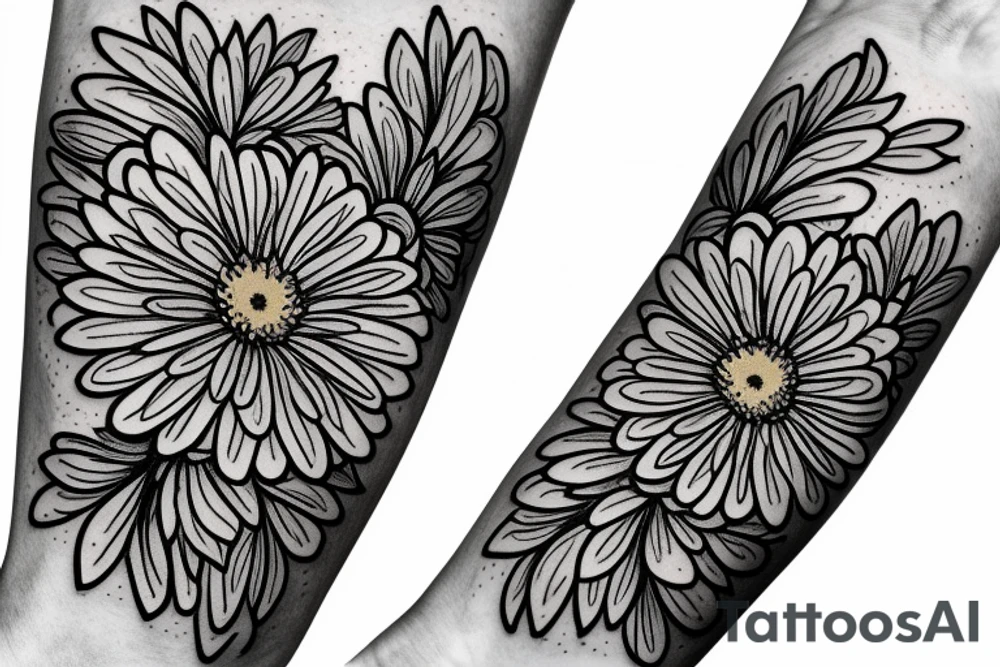 Small Yellow Aster flower, red carnation flower, and blue chrysanthemum flower intertwined on inside of forearm. tattoo idea