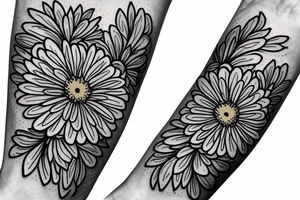 Small Yellow Aster flower, red carnation flower, and blue chrysanthemum flower intertwined on inside of forearm. tattoo idea