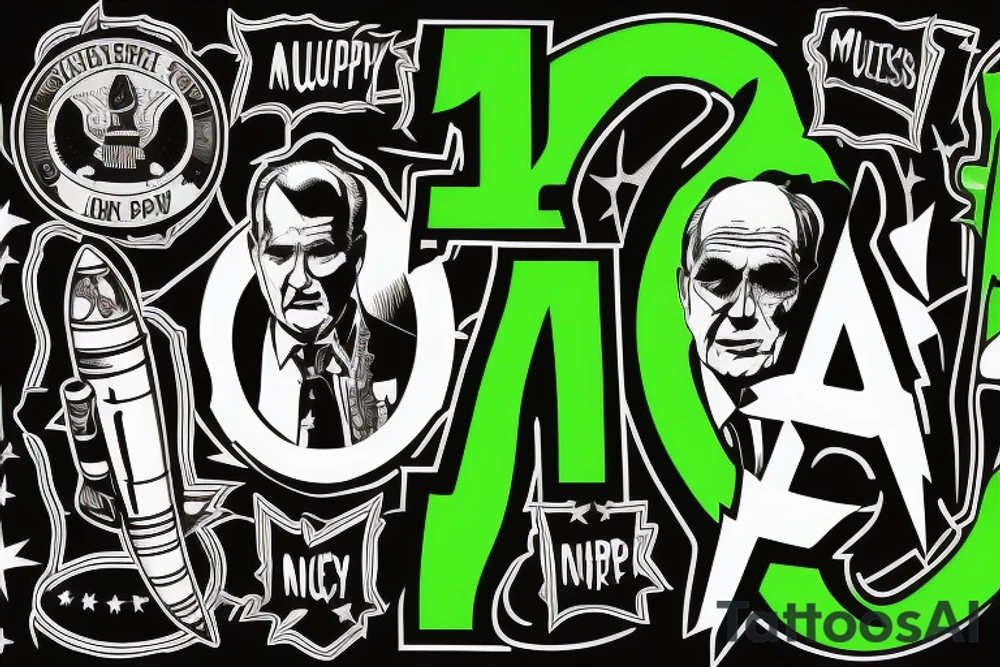 The names Murphy, Rocket, and Nixon combined in black and green on inside forearm tattoo idea