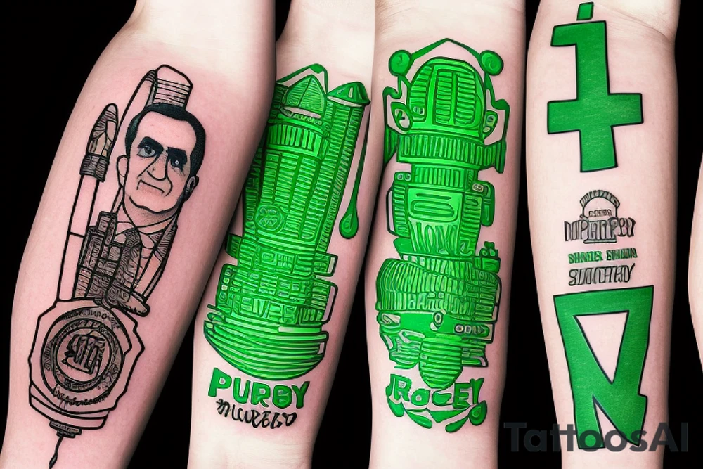 The names Murphy, Rocket, and Nixon combined in black and green on inside forearm tattoo idea