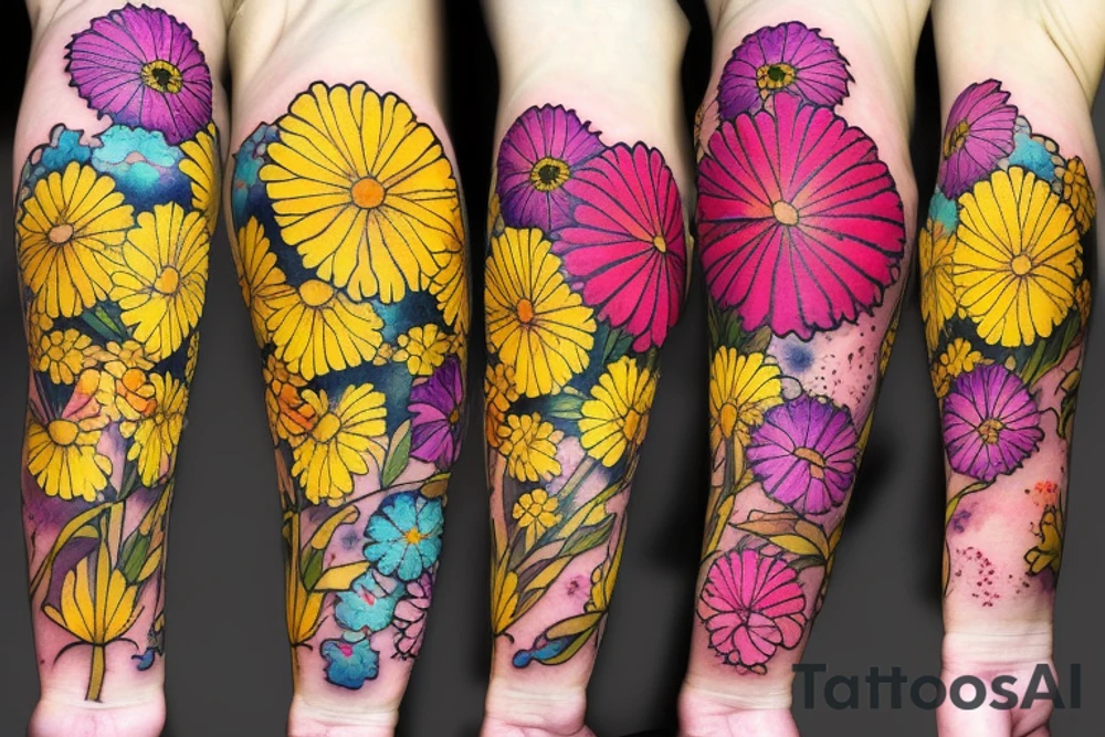Yellow Carnations and Multicolored Asters on inner forearm tattoo idea