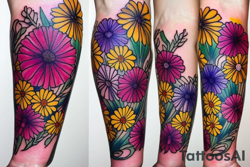 Yellow Carnations and Multicolored Asters on inner forearm tattoo idea