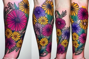 Yellow Carnations and Multicolored Asters on inner forearm tattoo idea