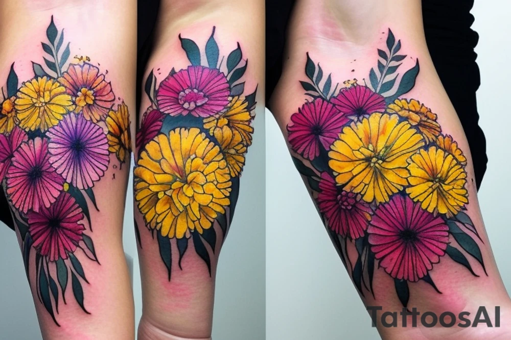 Yellow Carnations and Multicolored Asters on inner forearm tattoo idea Yellow Carnations and Multicolored Asters on inner forearm tattoo idea