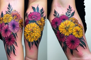 Yellow Carnations and Multicolored Asters on inner forearm tattoo idea