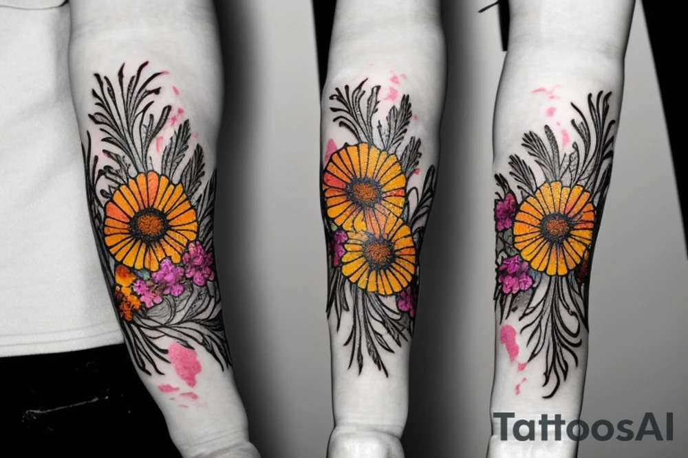 Yellow Carnations and Multicolored Asters on inner forearm tattoo idea Yellow Carnations and Multicolored Asters on inner forearm tattoo idea