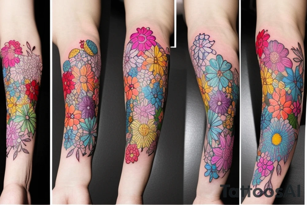 Multicolored dainty flowers on inner forearm tattoo idea