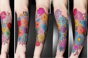 Multicolored dainty flowers on inner forearm tattoo idea