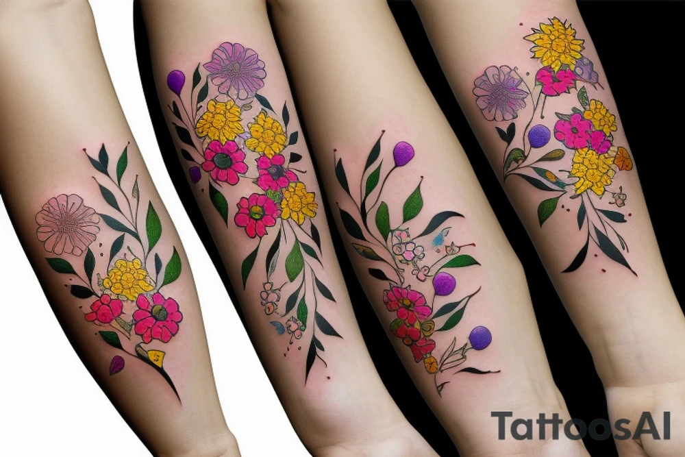 Multicolored dainty flowers on inner forearm tattoo idea