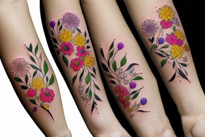 Multicolored dainty flowers on inner forearm tattoo idea