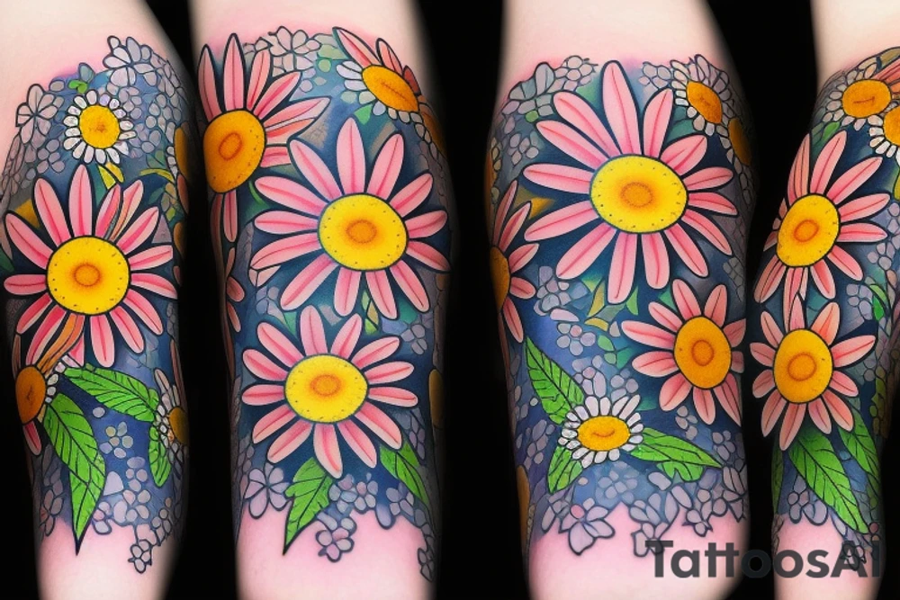 Multicolored daisies on inner forearm tattoo idea