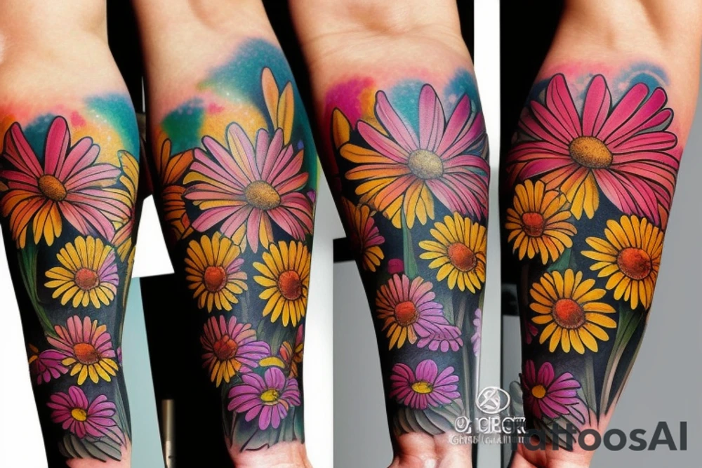 Multicolored daisies on inner forearm tattoo idea