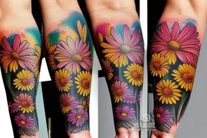 Multicolored daisies on inner forearm tattoo idea