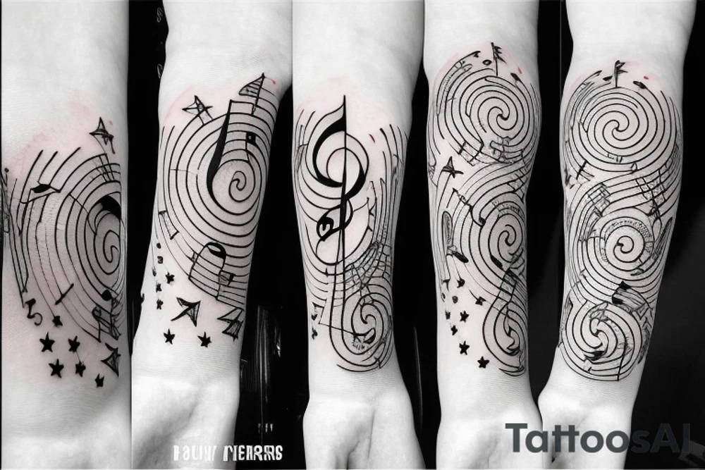 Shooting stars with musical notes on inner forearm tattoo idea