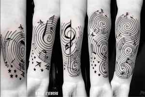 Shooting stars with musical notes on inner forearm tattoo idea
