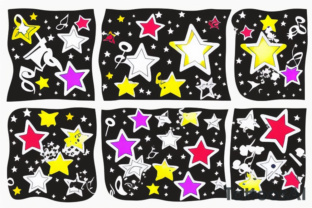 Colorful Shooting stars with musical notes on inner forearm tattoo idea