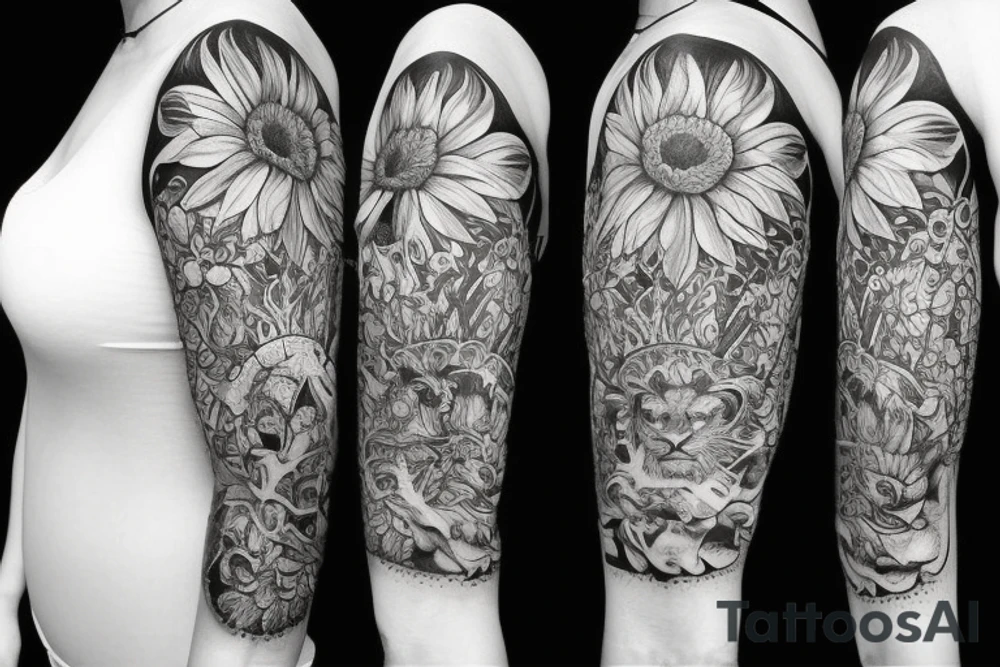 Sleeve with cathedral and lion with a crown on it
Gerberas the flower all over tattoo idea