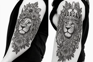 Sleeve with Wakefield cathedral and lion full face and mane with a crown on it
Gerberas the flower all over tattoo idea