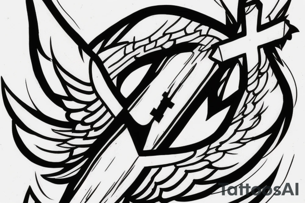 Tattoo with a cross in the center. cracks, lots of detail, hyperdetailing, wings, angel, letters, artistic strokes, line art tattoo idea