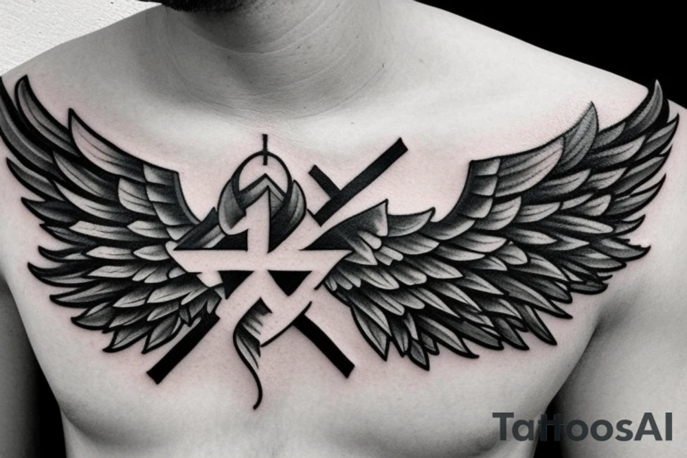 Tattoo with a cross in the center. cracks, lots of detail, hyperdetailing, wings, angel, letters, artistic strokes, line art tattoo idea